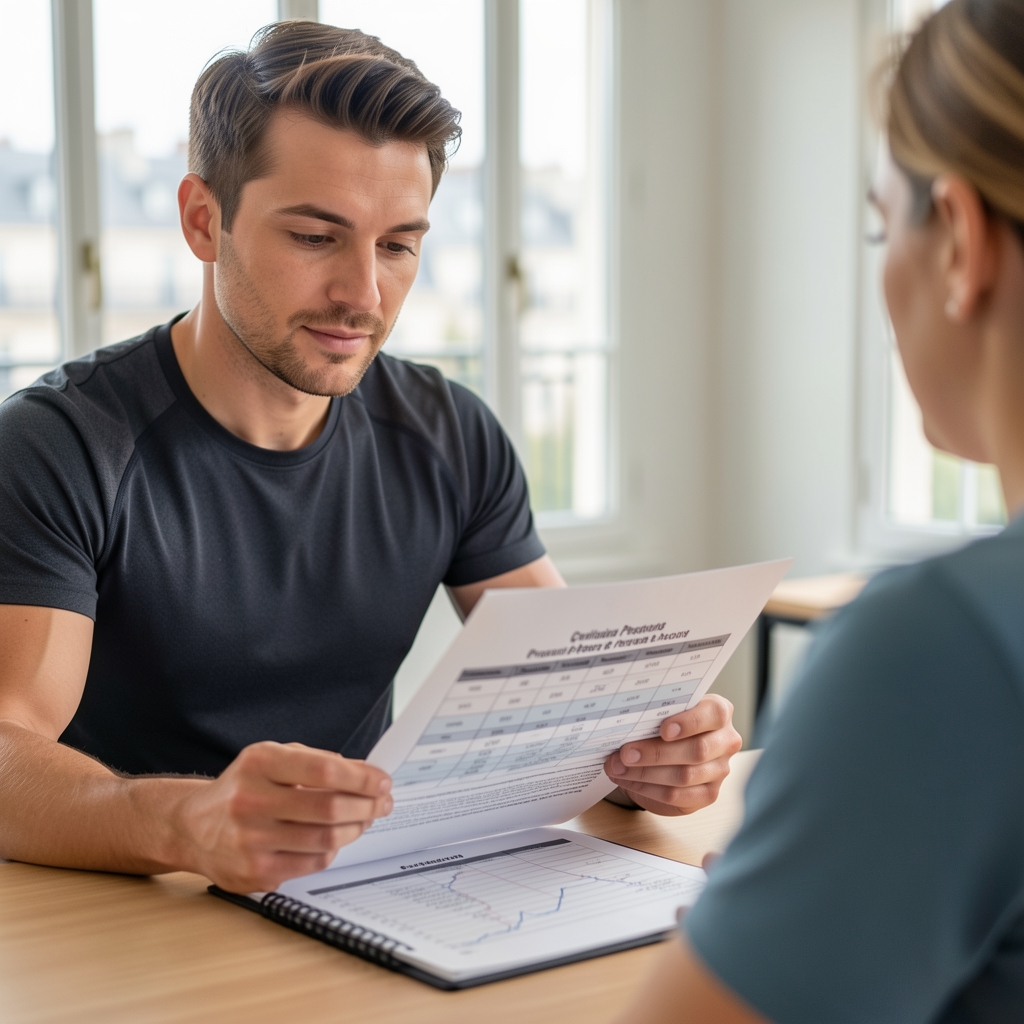 Certified personal trainer reviewing a periodised training plan on clipboard in a modern Paris fitness studio, documentary style photograph