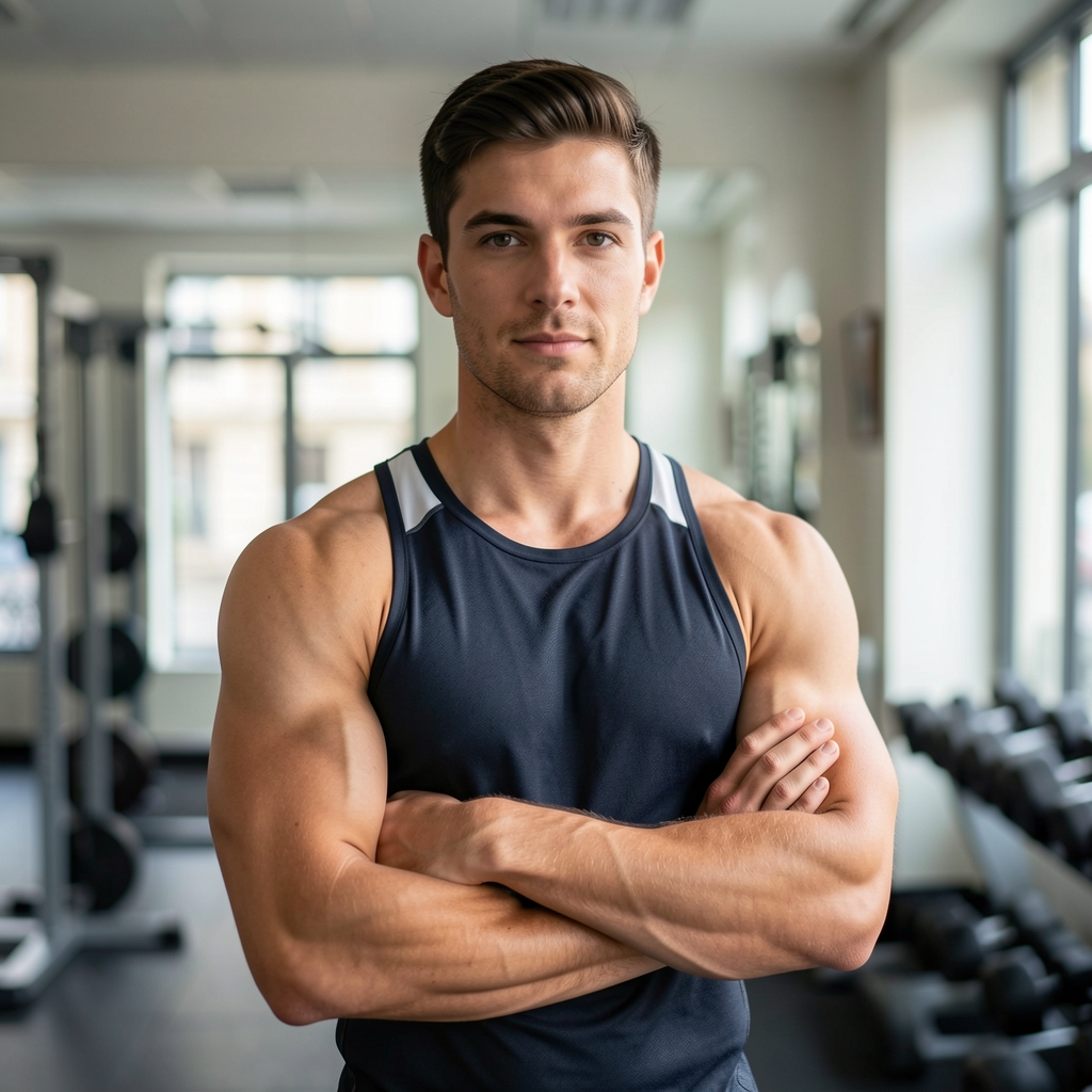 Professional personal trainer standing in a well-lit Paris training studio, arms crossed, wearing athletic wear, calm confident expression, documentary portrait