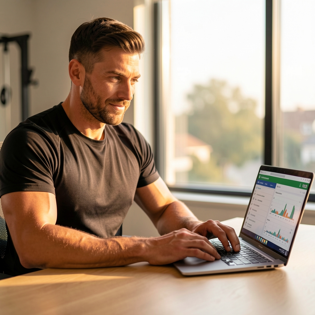 Male personal trainer sitting at a desk reviewing a digital training progress report on a laptop in a modern studio environment, warm natural light from a window