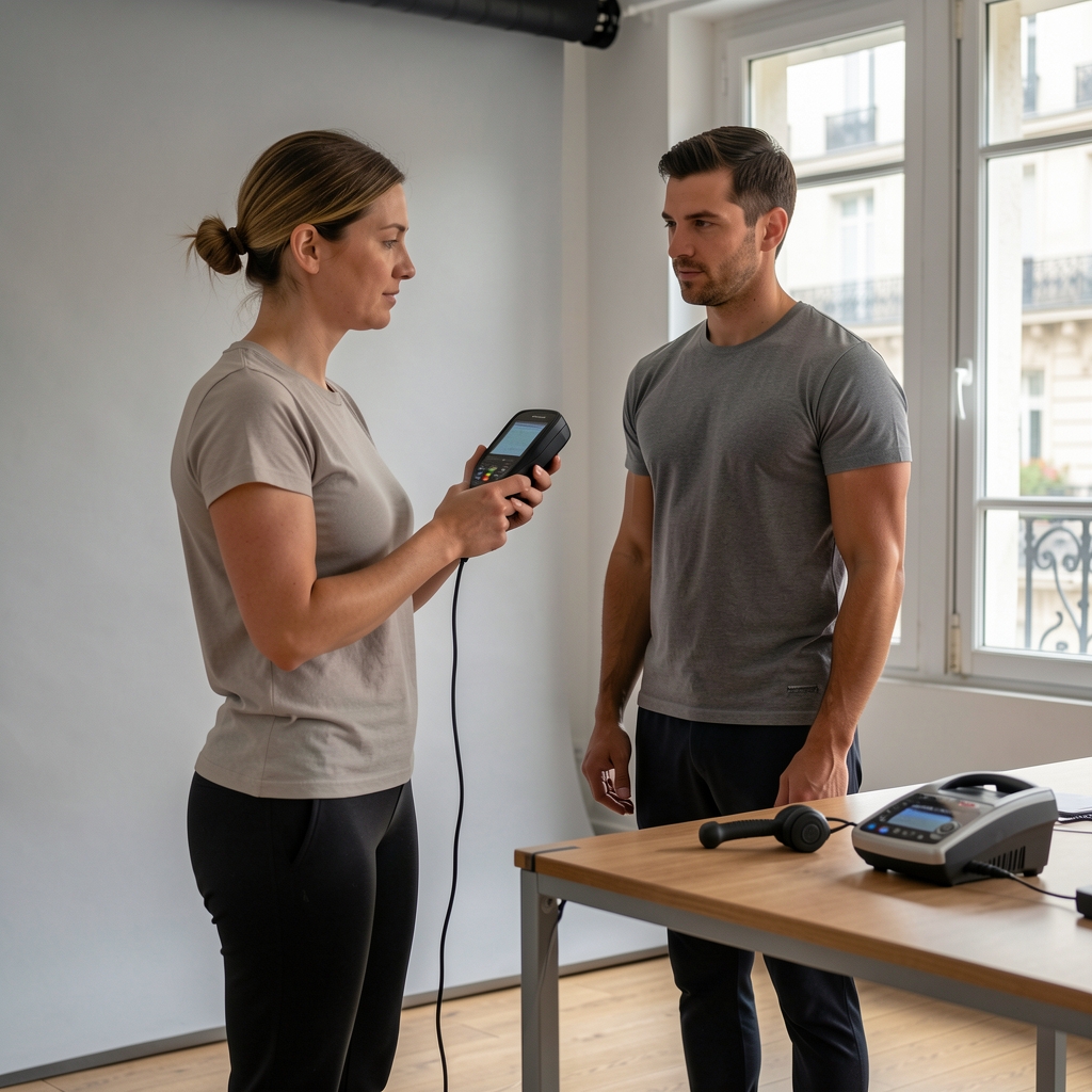Fitness assessor using a handheld measurement device in a Paris studio, client standing calmly, assessment equipment on a nearby table, controlled studio lighting