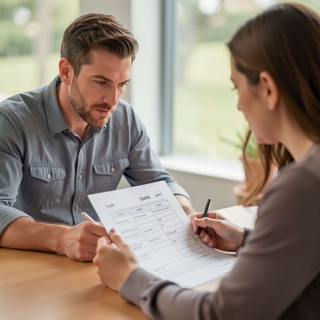 Coach and client sitting across from each other at a studio table, reviewing a printed goal-setting framework worksheet together, natural light, focussed expressions