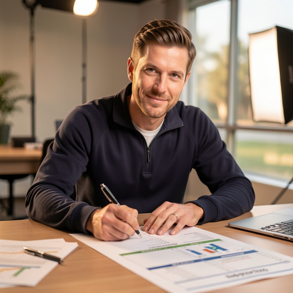 Coach writing a periodised training programme on a large desk with printed movement data and baseline records spread out, overhead warm studio lighting