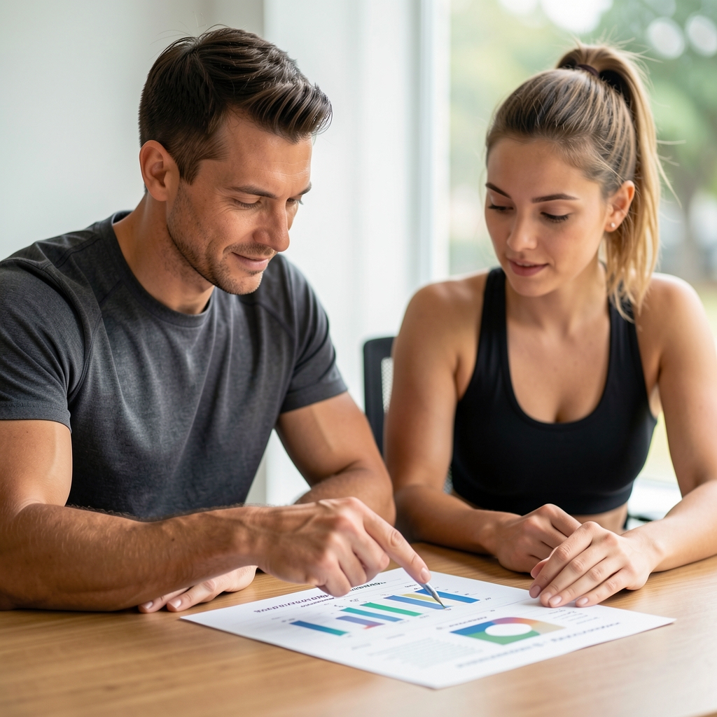 Fitness coach and client reviewing a printed progress tracking chart at a studio desk, both seated, coach pointing to a data point, documentary photograph