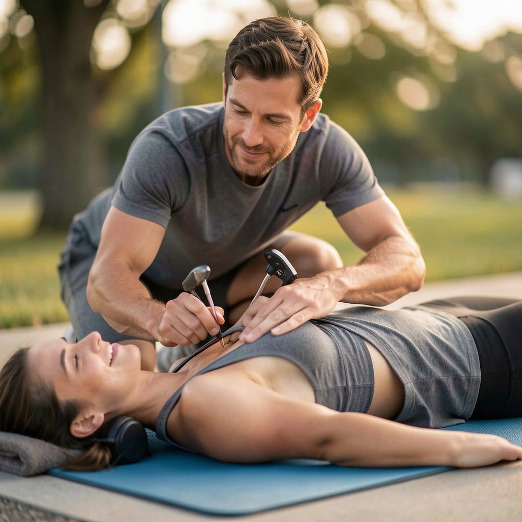 Coach conducting a hip mobility assessment on a client lying on an exercise mat, measuring range of motion with professional tools