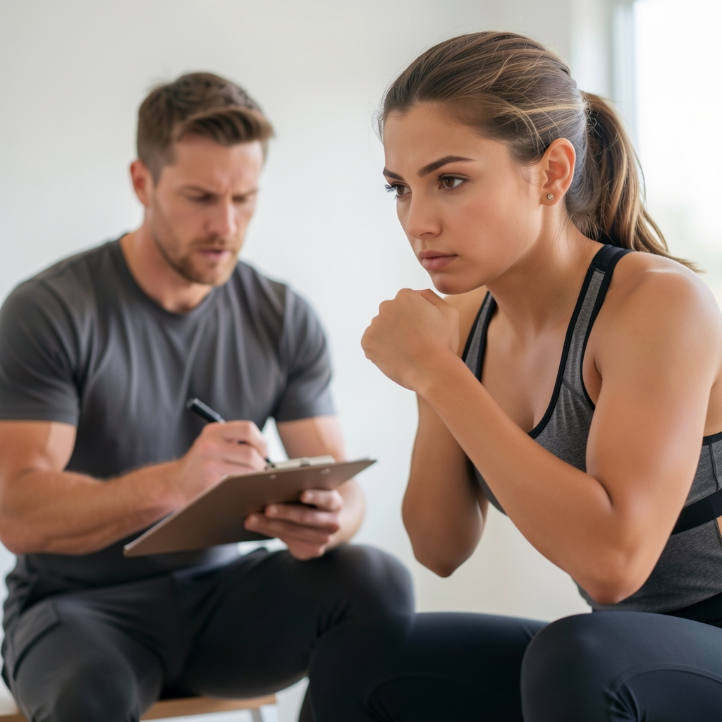 Coach watching a client perform a squat movement screen in a white-walled studio, coach making notes on a clipboard, athlete in athletic wear concentrating on form
