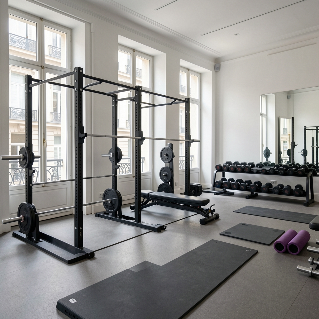 Wide angle view of a modern personal training studio interior in Paris, showing a squat rack, free weights, barbell platforms, foam rollers and natural light from tall windows